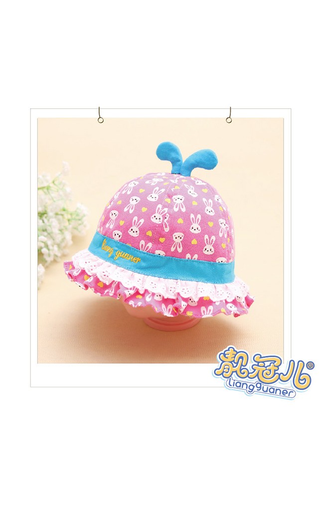 หมวกสาวน้อยลายกระต่าย ปีกหมวกระบายลูกไม้