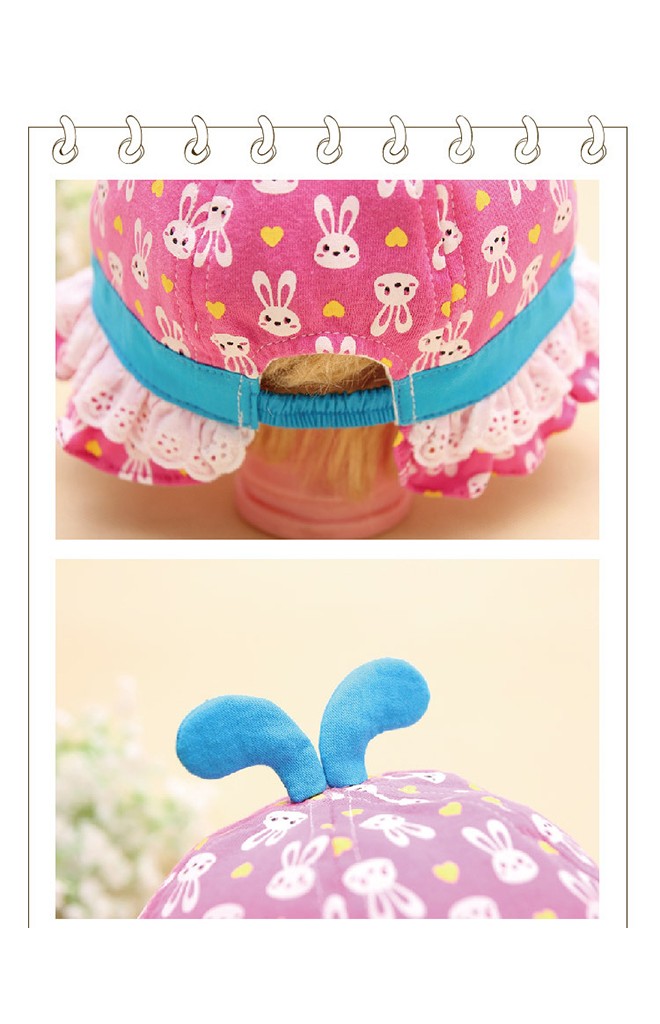 หมวกสาวน้อยลายกระต่าย ปีกหมวกระบายลูกไม้