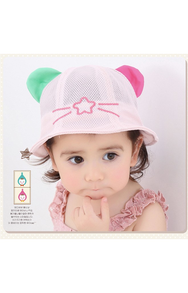 หมวกบัคเก็ตผ้าตาข่ายแต่งหูน่ารัก ด้านหน้าปักดาว