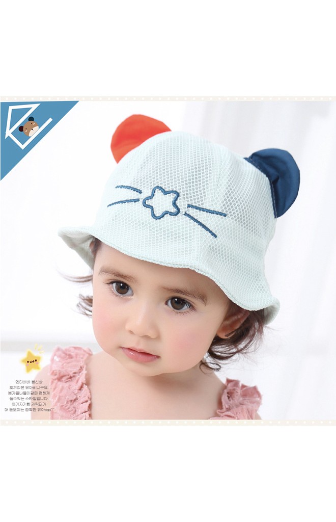 หมวกบัคเก็ตผ้าตาข่ายแต่งหูน่ารัก ด้านหน้าปักดาว