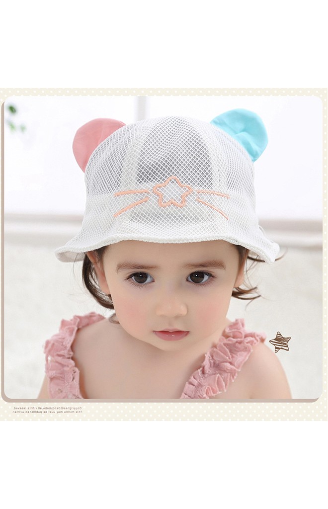 หมวกบัคเก็ตผ้าตาข่ายแต่งหูน่ารัก ด้านหน้าปักดาว