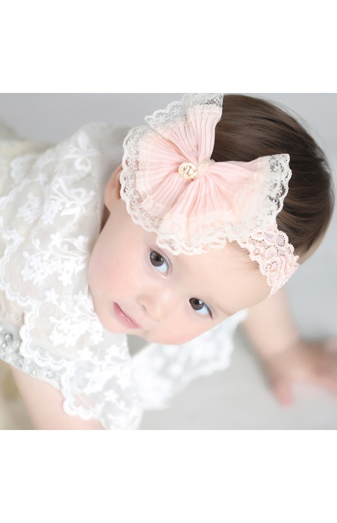 สายคาดผมโบว์ผ้าพลีทแต่งขอบลูกไม้หวาน สายคาดลูกไม้ยืด Angel Neitiri