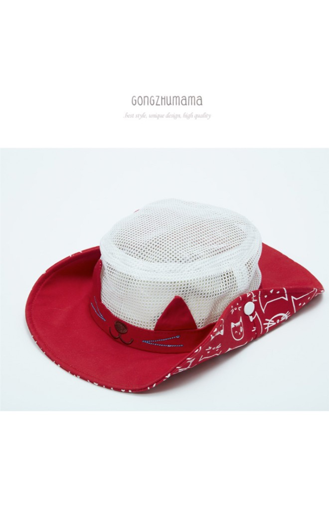 หมวกเด็กปีกกว้างปักหน้าแมวน้อย ตัวหมวกผ้าตาข่าย GZMM
