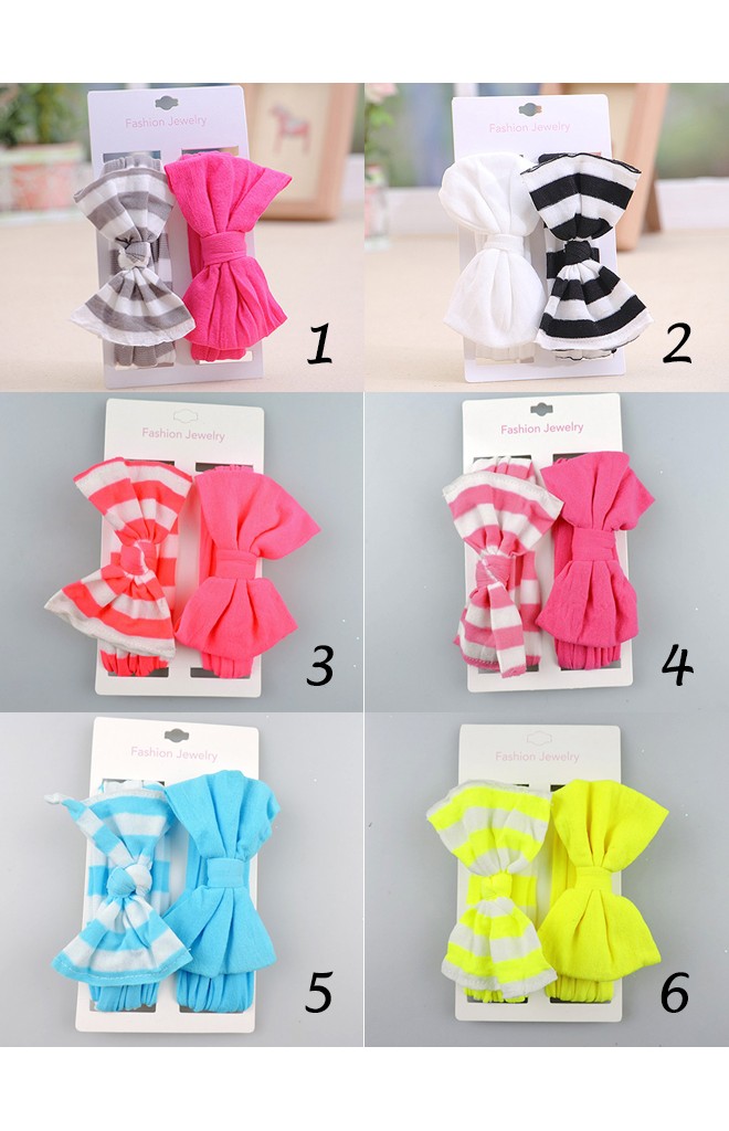 สายคาดผมโบว์ผ้ายืด เซ็ต 2 ชิ้น แบบสีพื้นและลายทาง