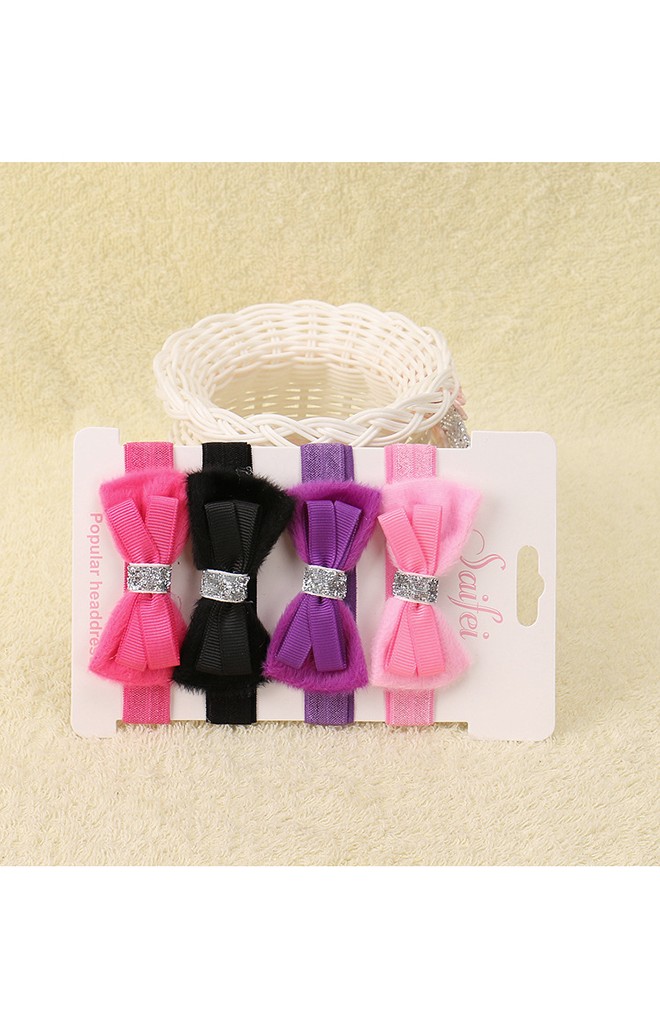 สายคาดผมโบว์ซ้อนคาดสีเงิน แพ็ค 4 สี ชมพูอ่อน ชมพูเข้ม ม่วง และ ดำ
