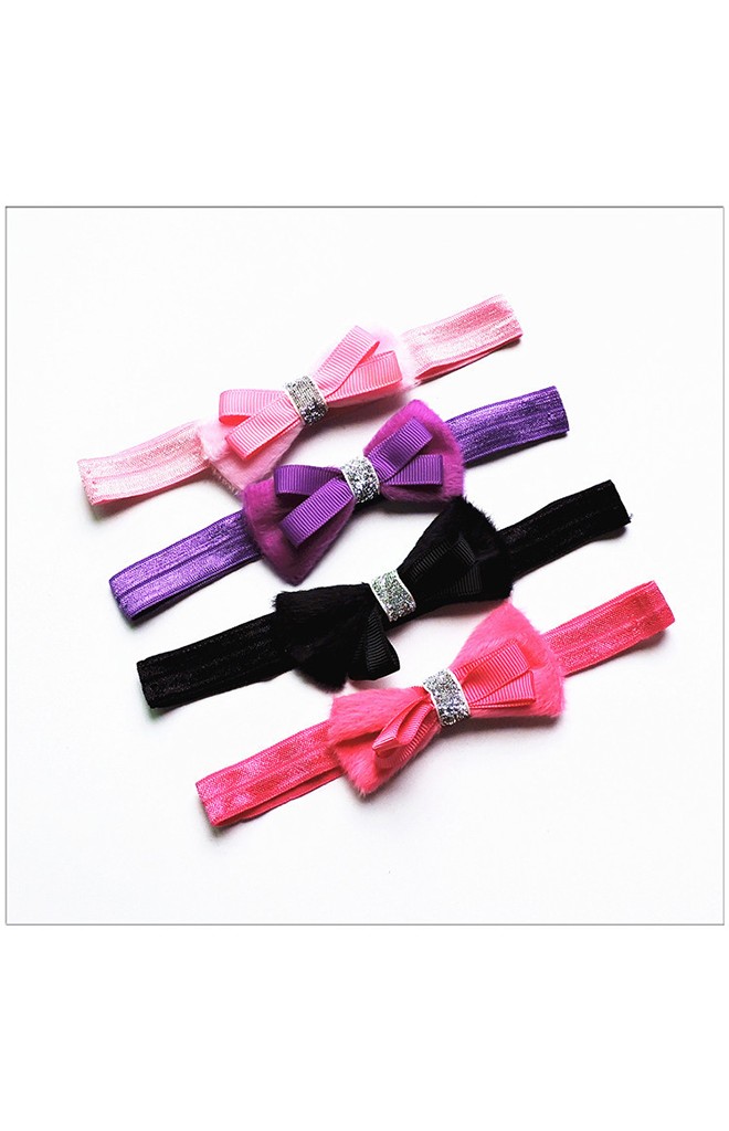 สายคาดผมโบว์ซ้อนคาดสีเงิน แพ็ค 4 สี ชมพูอ่อน ชมพูเข้ม ม่วง และ ดำ