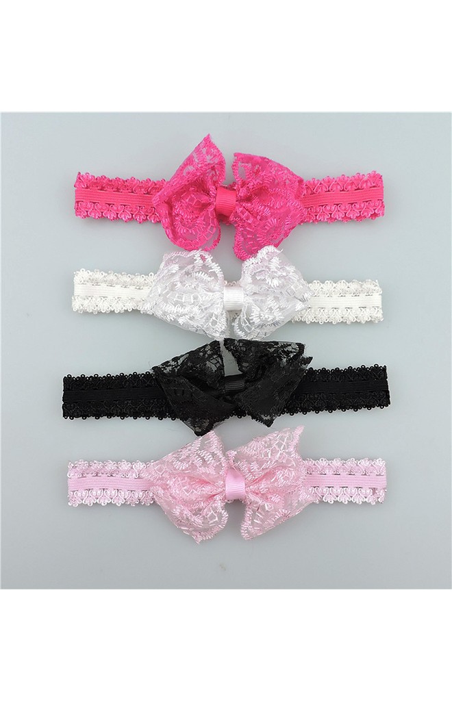 สายคาดผมโบว์ผ้าลูกไม้ แพ็ค 4 ชิ้น สีขาว ดำ ชมพูอ่อน และ ชมพูเข้ม
