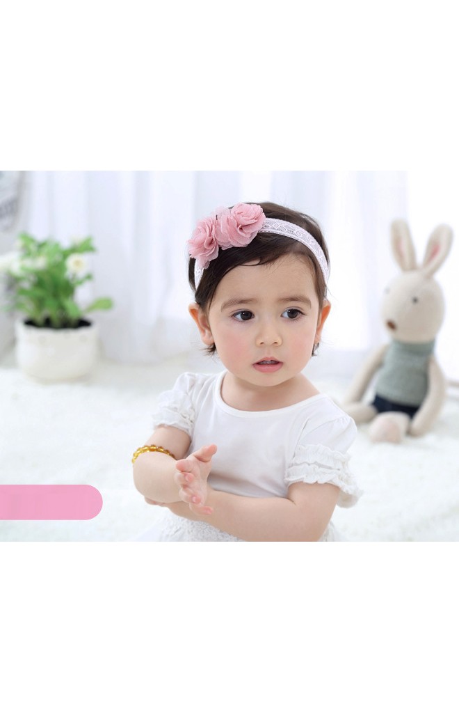 สายคาดผมดอกไม้คู่โทนชมพูกลีบบัว สายยืดลูกไม้