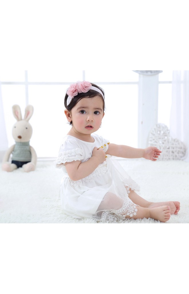 สายคาดผมดอกไม้คู่โทนชมพูกลีบบัว สายยืดลูกไม้