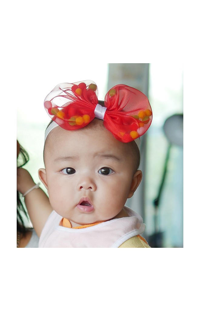 สายคาดผมโบว์ใหญ่ด้านในแต่งลูกบอลหลากสี สายยืดสีขาว