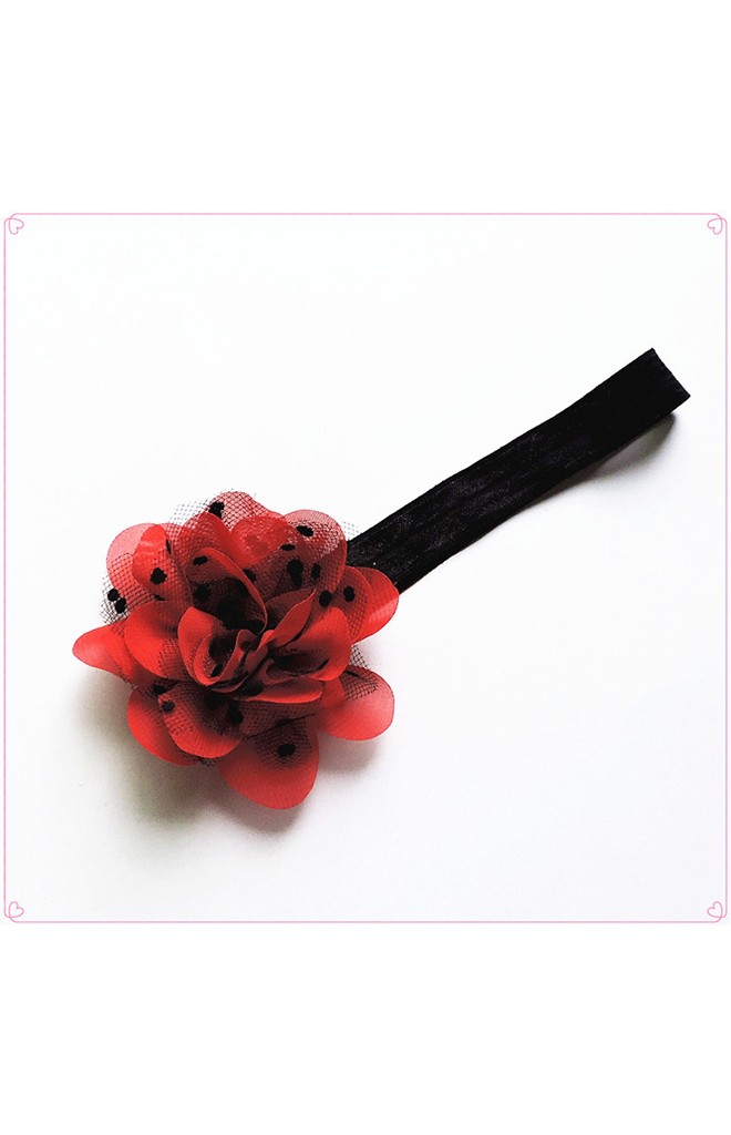สายคาดผมดอกไม้สีแดงแต่งผ้าโปร่งลายจุดดำ