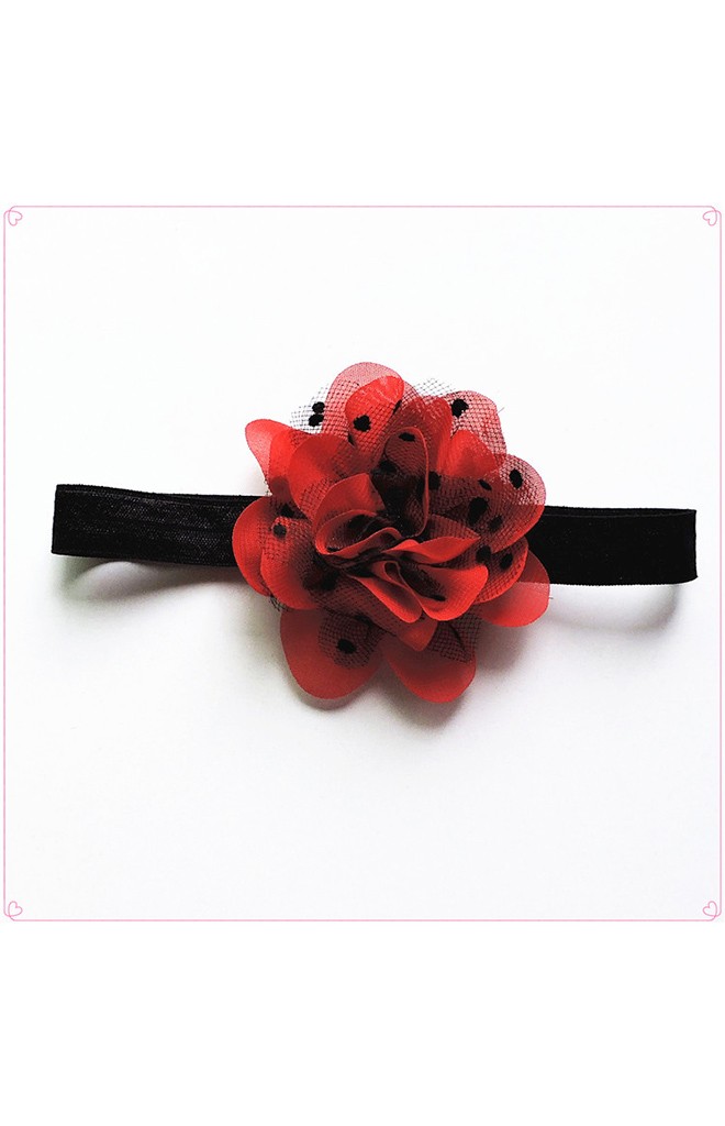 สายคาดผมดอกไม้สีแดงแต่งผ้าโปร่งลายจุดดำ