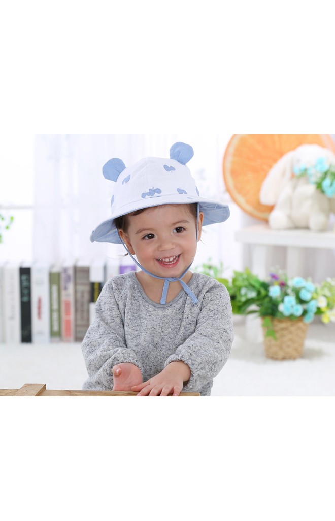 หมวกเด็กปีกกว้างผ้าฝ้ายลายผีเสื้อแต่งหูน่ารัก