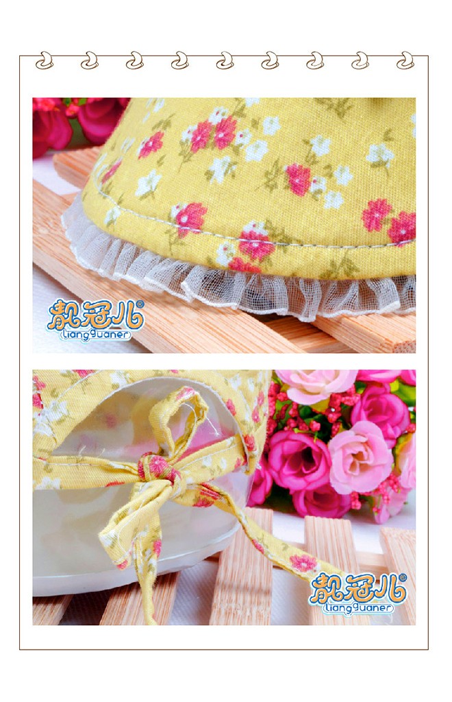 หมวกสาวน้อยผ้าฝ้ายลายดอกแต่งโบว์เล็กๆ มีปีกหมวกด้านหน้า