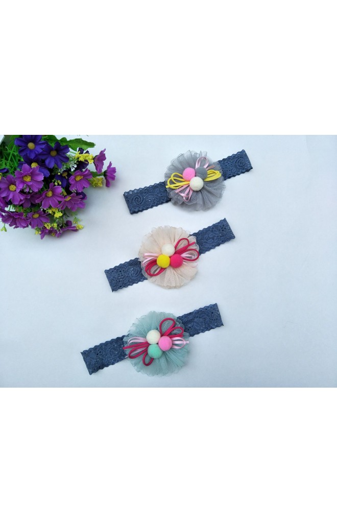 สายคาดผมดอกไม้ผ้าโปร่งแต่งปอมปอมและโบวสีสดใส