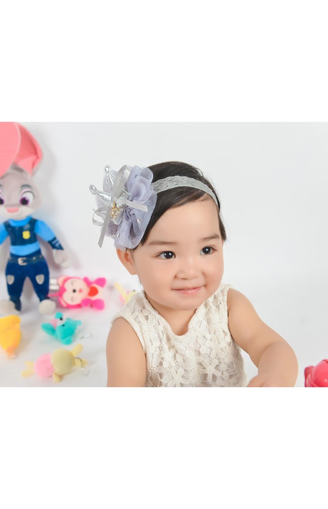 สายคาดผมมงกุฎเงินระบายผ้าโปร่งสีเทา