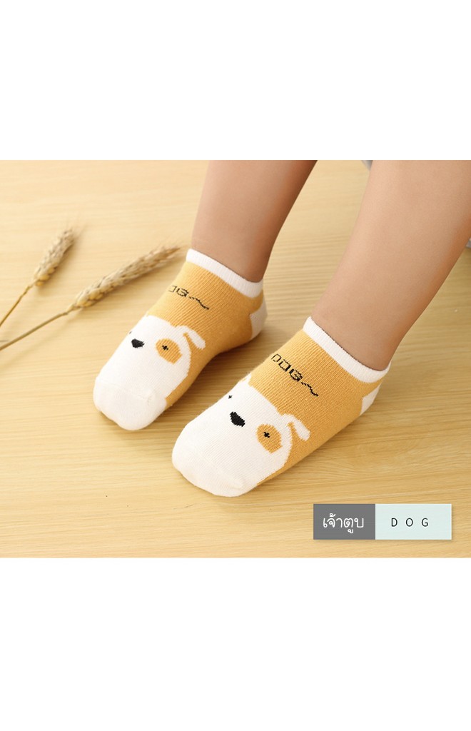 ถุงเท้าเด็กลายหน้ารูปสัตว์สีสันสดใส ตัดขอบสีขาว มีกันลื่น