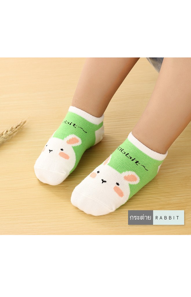 ถุงเท้าเด็กลายหน้ารูปสัตว์สีสันสดใส ตัดขอบสีขาว มีกันลื่น