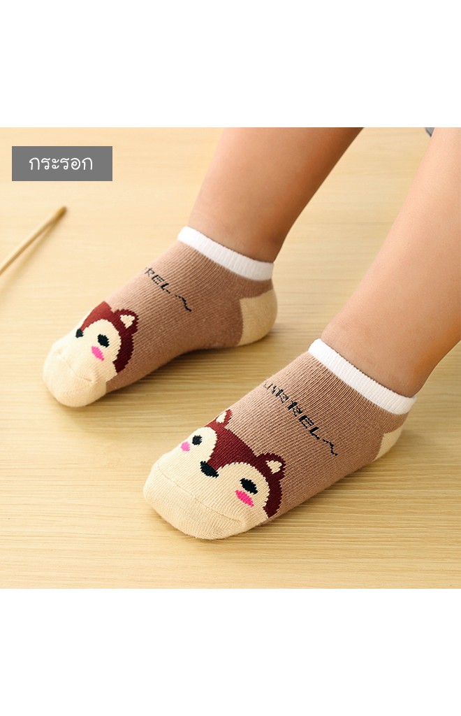 ถุงเท้าเด็กลายหน้ารูปสัตว์สีสันสดใส ตัดขอบสีขาว มีกันลื่น
