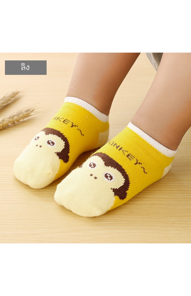 ถุงเท้าเด็กลายหน้ารูปสัตว์สีสันสดใส ตัดขอบสีขาว มีกันลื่น