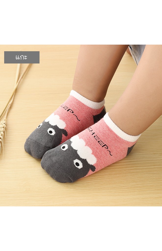 ถุงเท้าเด็กลายหน้ารูปสัตว์สีสันสดใส ตัดขอบสีขาว มีกันลื่น