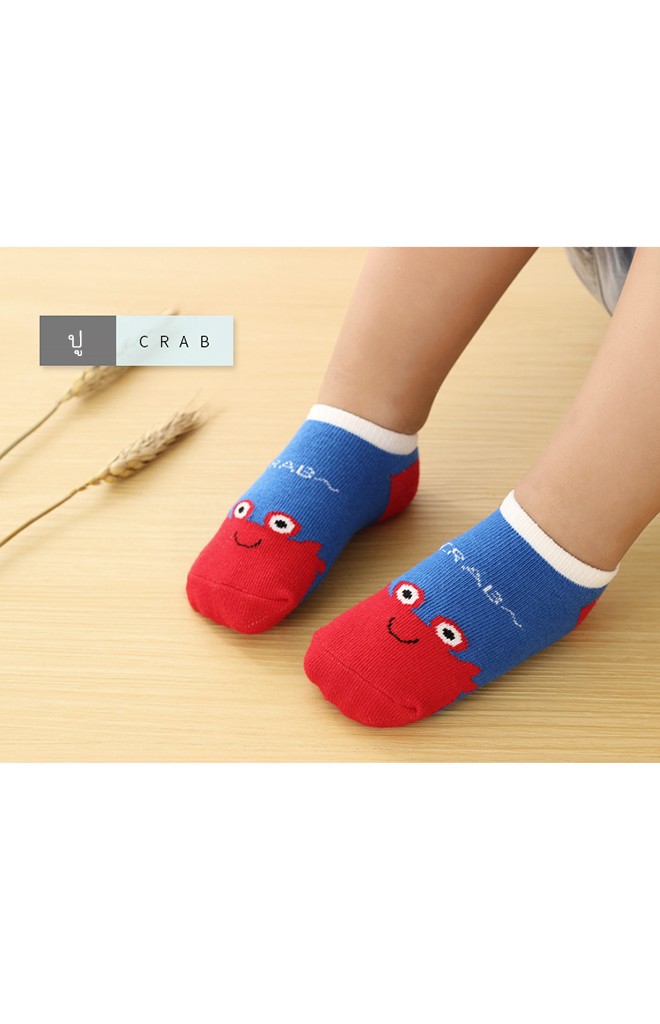 ถุงเท้าเด็กลายหน้ารูปสัตว์สีสันสดใส ตัดขอบสีขาว มีกันลื่น