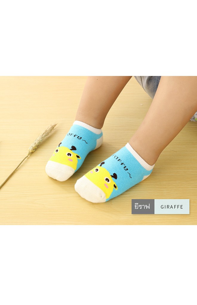 ถุงเท้าเด็กลายหน้ารูปสัตว์สีสันสดใส ตัดขอบสีขาว มีกันลื่น
