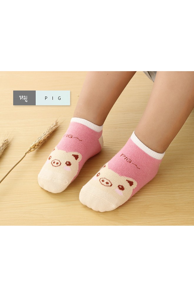 ถุงเท้าเด็กลายหน้ารูปสัตว์สีสันสดใส ตัดขอบสีขาว มีกันลื่น