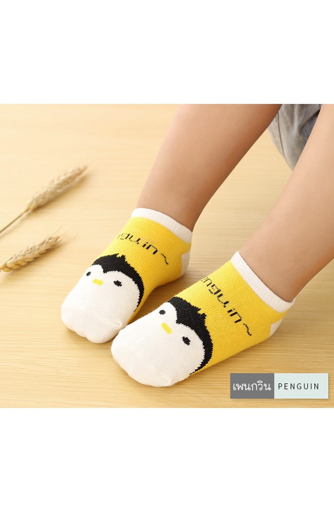 ถุงเท้าเด็กลายหน้ารูปสัตว์สีสันสดใส ตัดขอบสีขาว มีกันลื่น