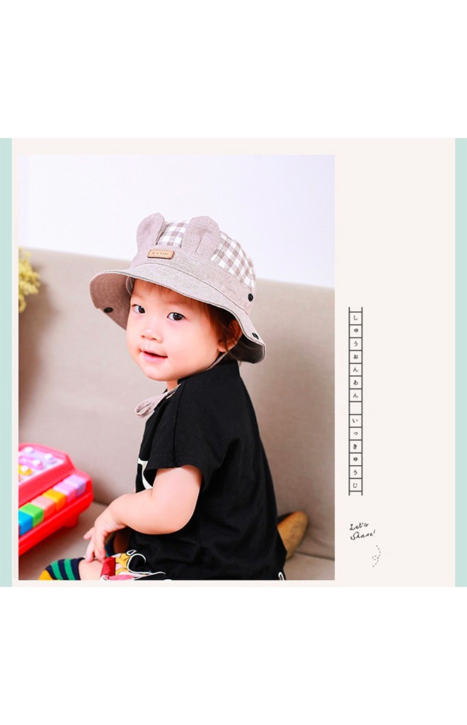 หมวกบัคเก็ตตัวหมวกลายตารางปีกหมวกสีพื้นแต่งหูกระต่าย
