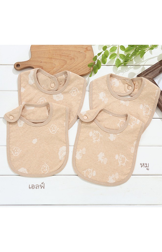ผ้ากันเปื้อนเด็กผ้าฝ้าย jacquard สีเบจลายน่ารัก ลายเอฟล์และลายหมู