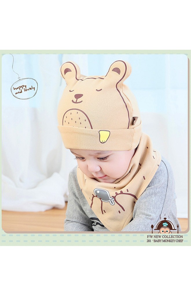 เซ็ตหมวกบีนนี่ผ้ายืดลายหมีมาพร้อมผ้ากันเปื้อน TIANYIBEAR