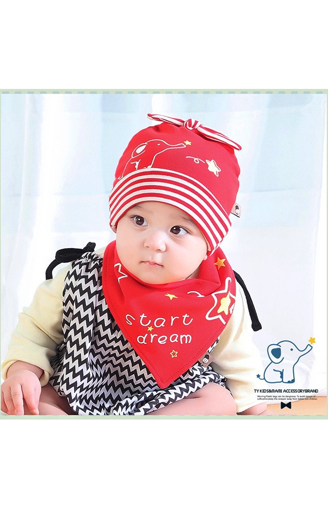 เซ็ตหมวกบีนนี่ผ้ายืดลายช้าง บนหมวกแต่งโบว์น่ารัก จาก TIANYIBEAR