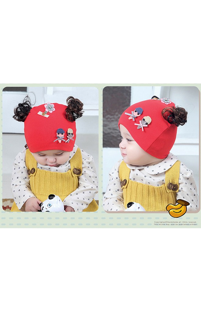 หมวกปอยผมสาวน้อยแต่งการ์ตูนคู่และดอกไม้ ปอยผมบน TIANYIBEAR