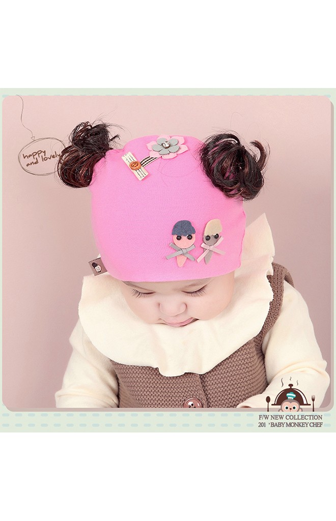 หมวกปอยผมสาวน้อยแต่งการ์ตูนคู่และดอกไม้ ปอยผมบน TIANYIBEAR