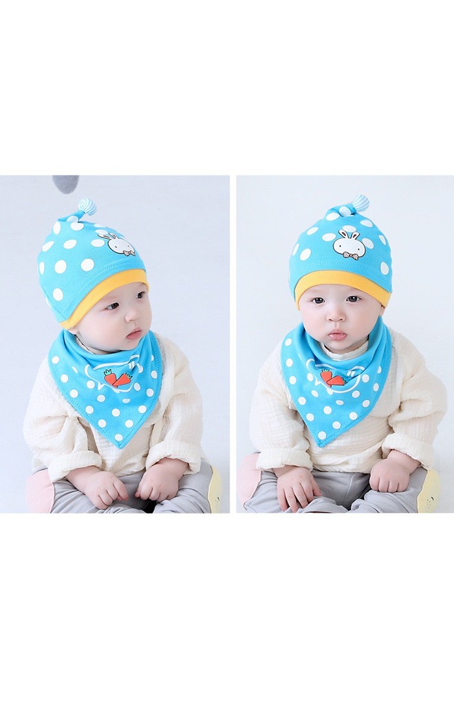 เซ็ตหมวกลายจุดสกรีนรูปกระต่ายน้อยและแครอท จาก MILKY FRIENDS