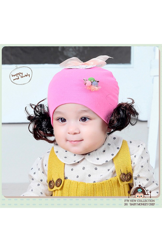 หมวกปอยผมแต่งปอมปอม ด้านบนแต่งกระต่ายผูกโบว์ TIANYIBEAR