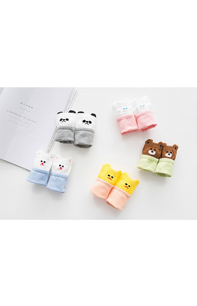 เซ็ตถุงเท้าเด็กแพ็ค 5 คู่ ลายหน้าหมีขาว หมีน้ำตาล แมว เป็ด และแมวน้อย