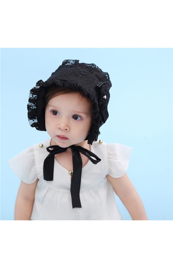 หมวกบอนเนตลูกไม้หวานแต่งดอกไม้โบว์พับหวานๆ