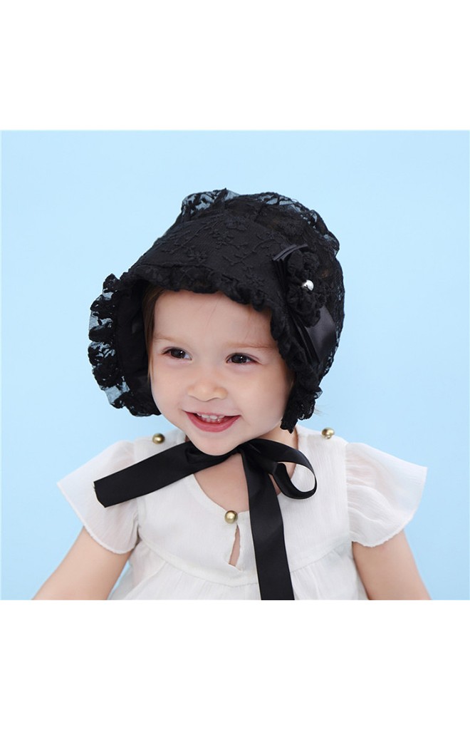 หมวกบอนเนตลูกไม้หวานแต่งดอกไม้โบว์พับหวานๆ