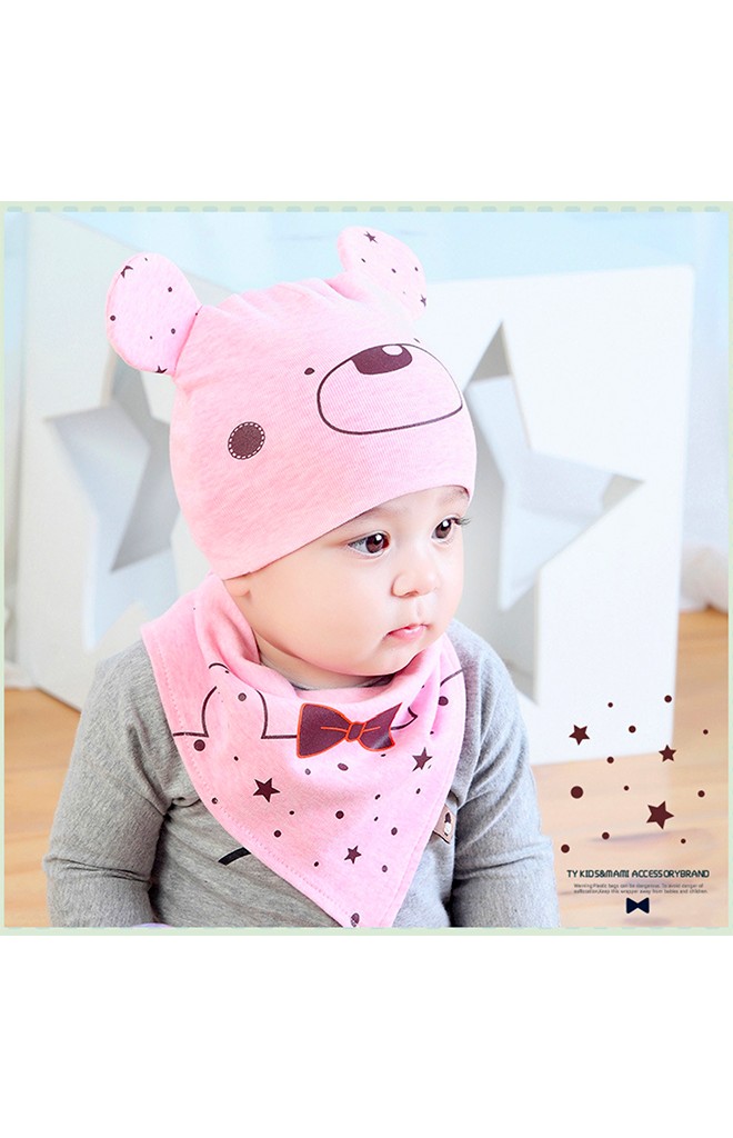 เซ็ตหมวกเด็กอ่อนลายหมีน้อยมาพร้อมผ้ากันเปื้อนสามเหลี่ยม TIANYIBEAR