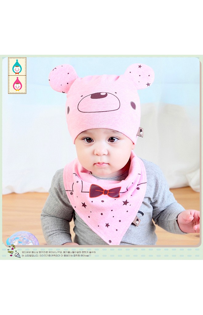 เซ็ตหมวกเด็กอ่อนลายหมีน้อยมาพร้อมผ้ากันเปื้อนสามเหลี่ยม TIANYIBEAR