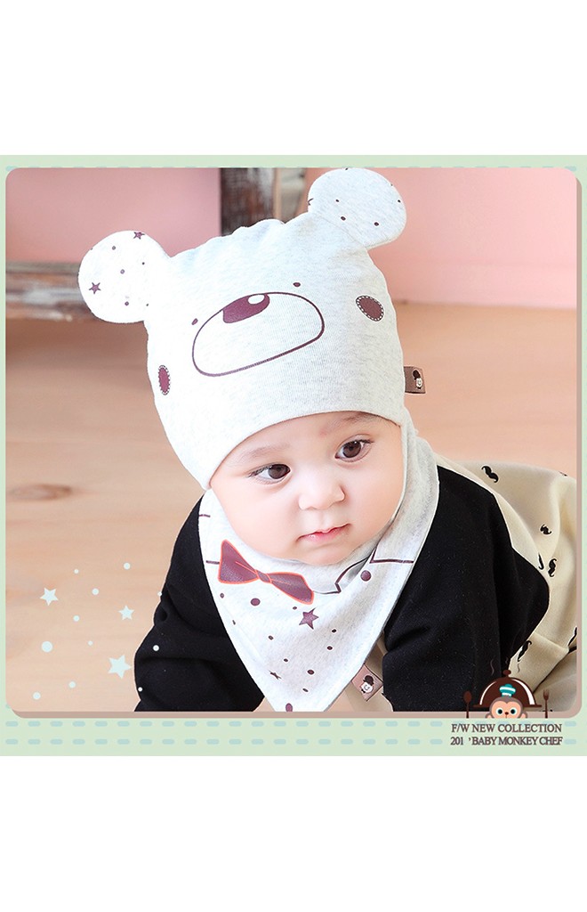 เซ็ตหมวกเด็กอ่อนลายหมีน้อยมาพร้อมผ้ากันเปื้อนสามเหลี่ยม TIANYIBEAR