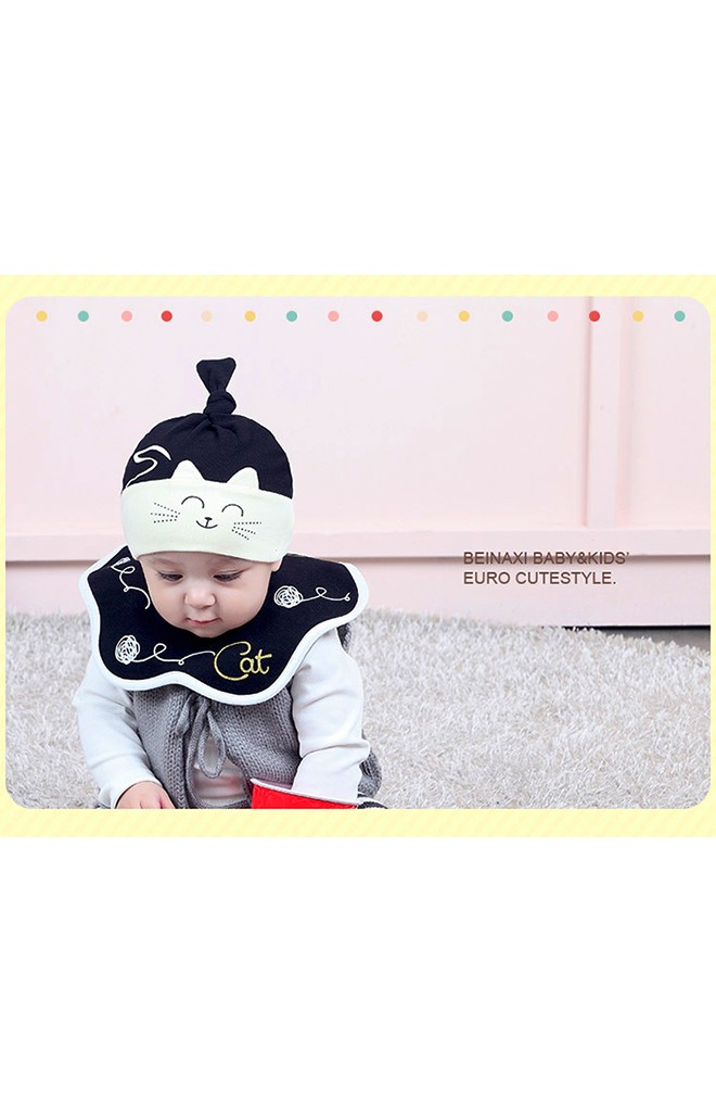 เซ็ตหมวกเด็กพร้อมผ้ากันเปื้อนปลายหยักโค้งลายแมวเหมียว BEINAXI