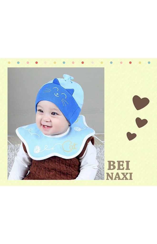 เซ็ตหมวกเด็กพร้อมผ้ากันเปื้อนปลายหยักโค้งลายแมวเหมียว BEINAXI
