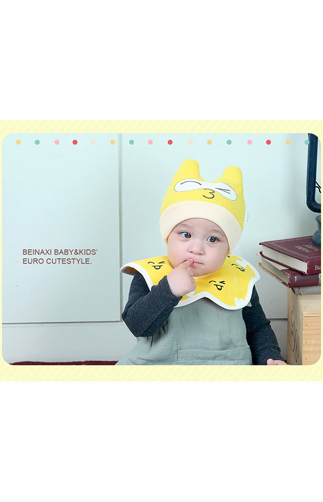 เซ็ตหมวกเด็กพร้อมผ้ากันเปื้อนปลายหยักโค้งลายหน้าการ์ตูน จาก BEINAXI