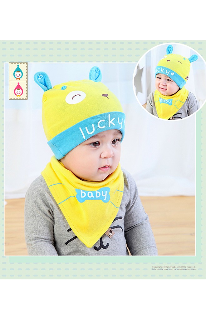 เซ็ตหมวกเด็กเล็กลายเจ้าตูบสกรีน lucky พร้อมผ้ากันเปื้อน จาก TIANYIBEAR
