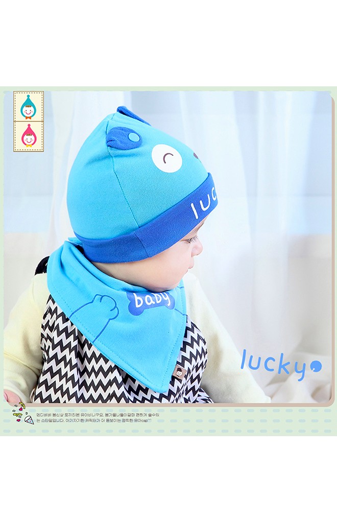 เซ็ตหมวกเด็กเล็กลายเจ้าตูบสกรีน lucky พร้อมผ้ากันเปื้อน จาก TIANYIBEAR