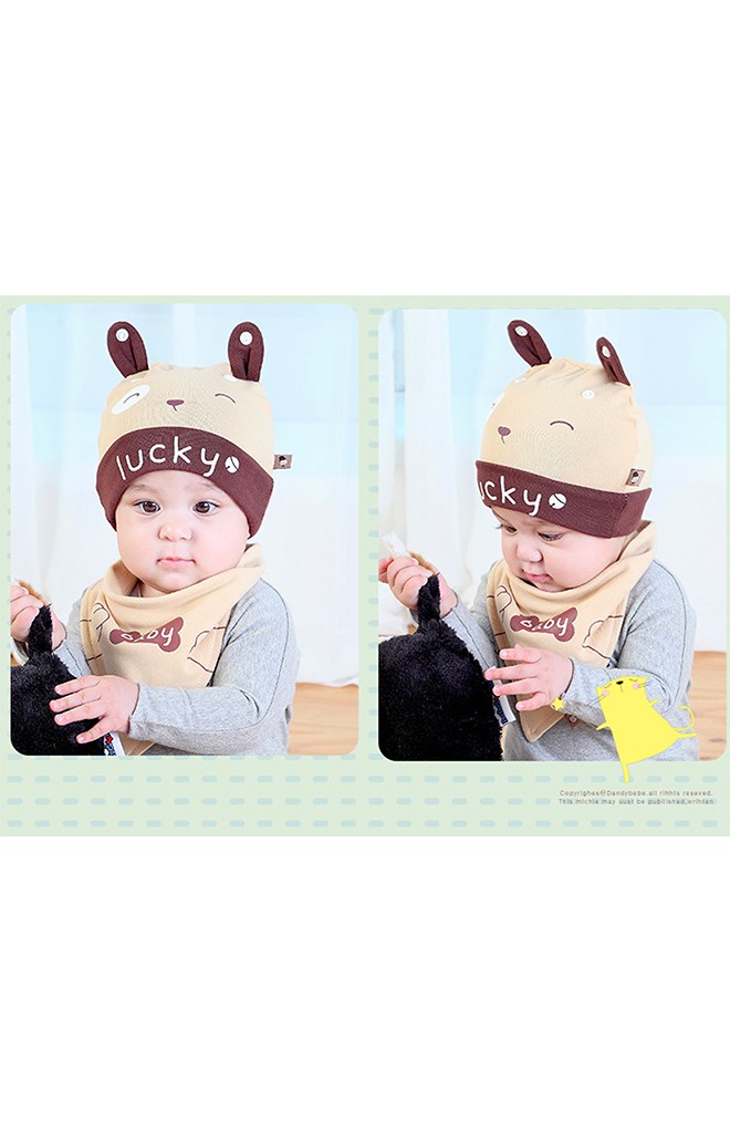 เซ็ตหมวกเด็กเล็กลายเจ้าตูบสกรีน lucky พร้อมผ้ากันเปื้อน จาก TIANYIBEAR