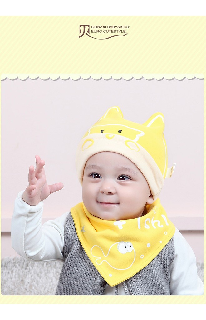 เซ็ตหมวกเด็กเล็กลายแมวเหมียวและปลา มาพร้อมผ้ากันเปื้อน จาก BEINAXI